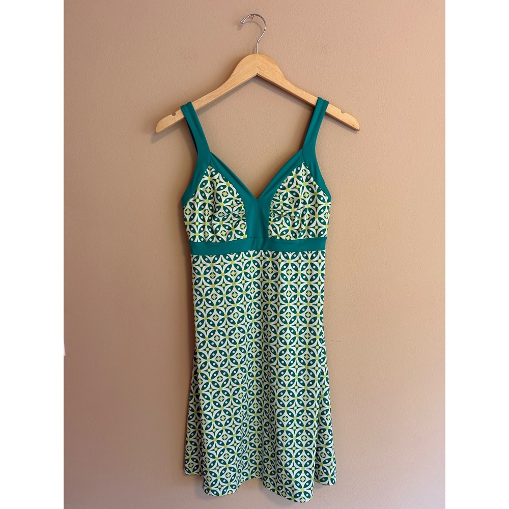 Patagonia Athletic Kamala Dress Green Geometric Print V-Neck Small